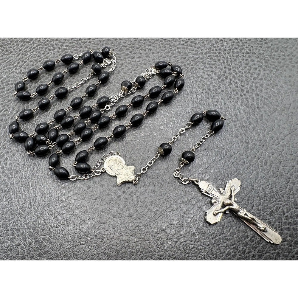 Vintage Sterling Silver Black Wood Bead Rosary Necklace Religious Crucifix